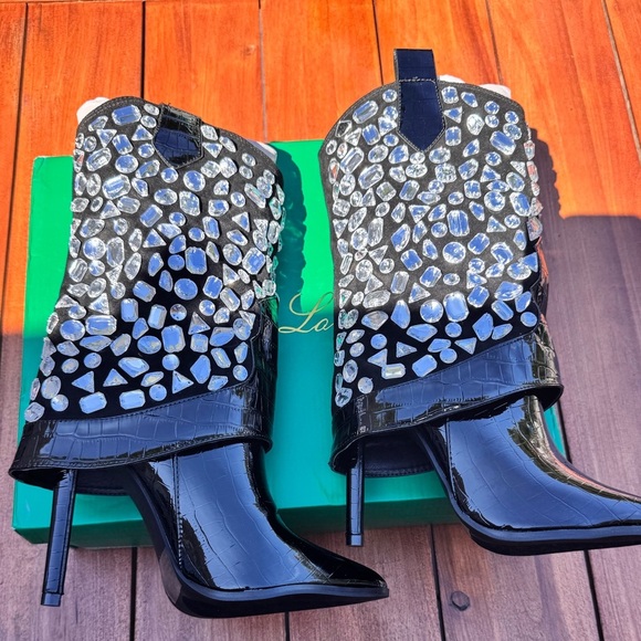 Lauren Lorraine Black and Rhinestone Heeled Boots Size 6.5 New In Box - Picture 13 of 16